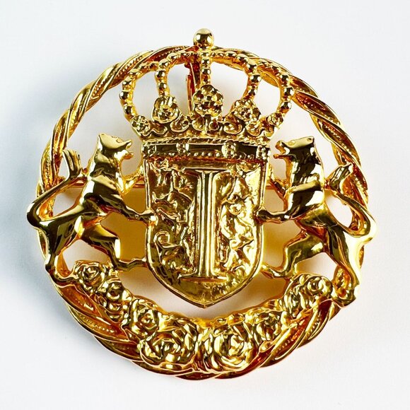 Vintage Large Ivana Trump Heraldic Crest Two Rampant Lions Crown Gold Brooch Pin - Picture 1 of 3
